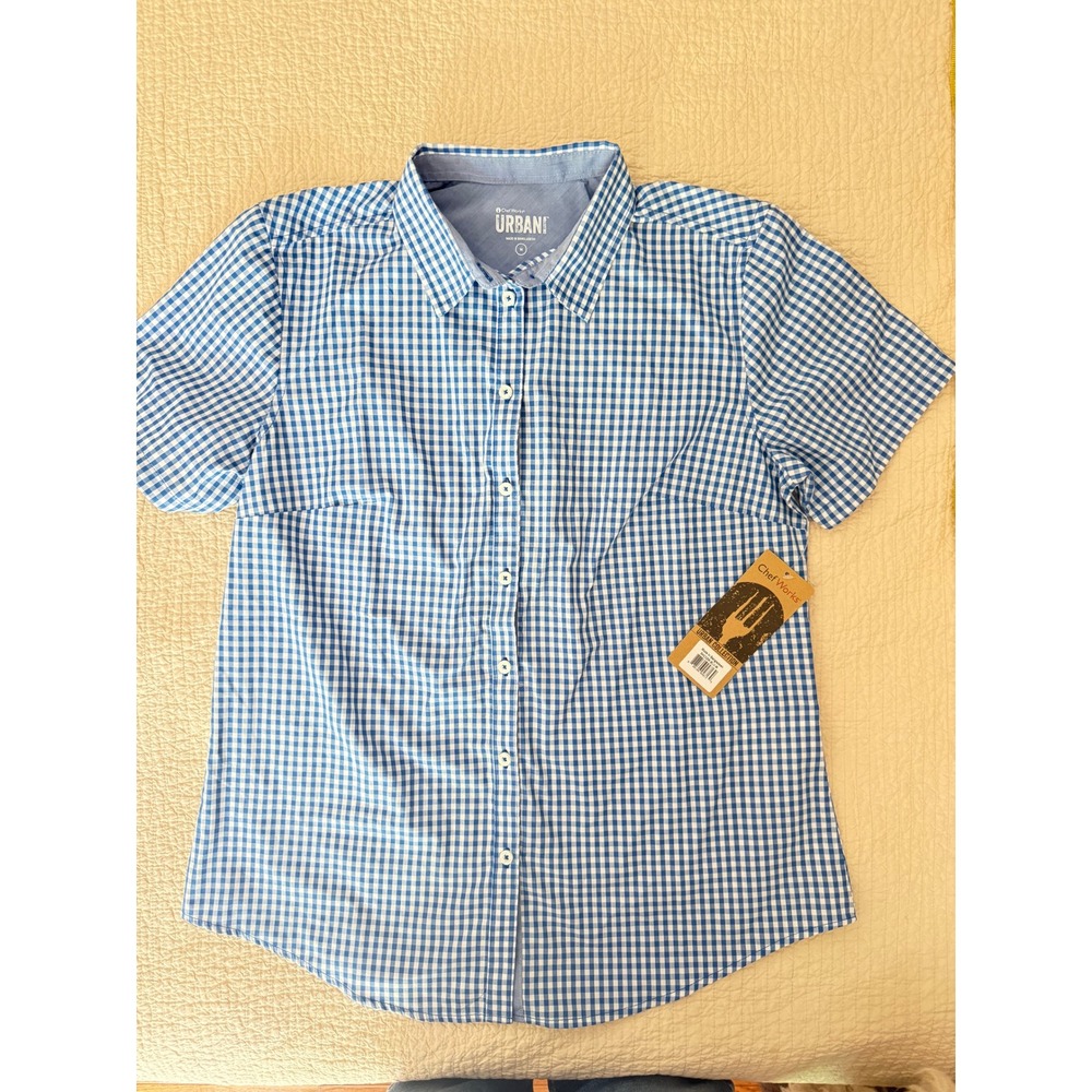 NWT Chef Works Urban Womens M Blue Gingham Short Sleeve Button Shirt Work